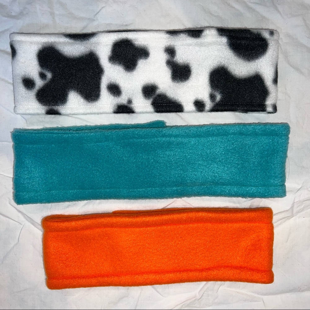 Fleece Headbands - Set of 3 - solid blue, orange, cow print